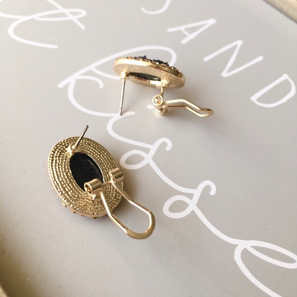 Oval Blue Druzy Cubic Zirconia Round Gold Earrings - Picture 7 of 8